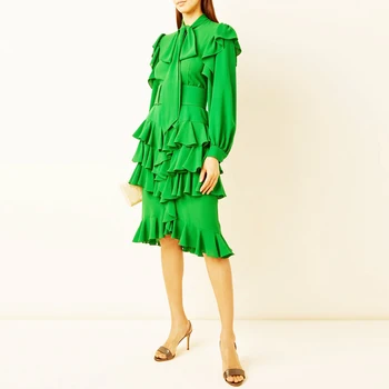 

Gedivoen Solid Green Spring Dress Women Bow Collar Patchwork Cascading Ruffle A Line Dress Fashion Designer Female Dresses