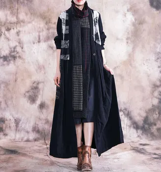 

Patchwork Plaid Cotton Linen Plus Size Long Coat Outerwear Ladies Trench Coat Female Loose Vintage Windbreaker Coat