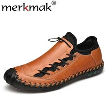 Merkmak/Мужская обувь с круглым носком модная повседневная кожаная обувь на шнуровке дышащая обувь для водителей из натуральной кожи большого размера мужские туфли на плоской подошве