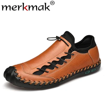 

Merkmak Fashion Round Toe Men Shoes Laceup Leather Casual Shoes Breathable Driving Footwear Genuine Black Brown Male Flats