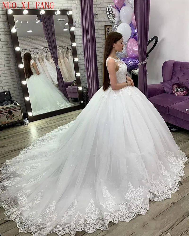 Princess Vestido De Novia Lace Applique Ball Gown Wedding Dress 2022 Arabic Vintage Plus Size Sequined White Puffy Tulle Bridal