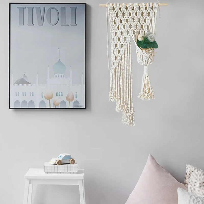 Bedroom Handmade Woven Plant Art Knitting Home Decor Net Bag Flowerpot Basket Rope Bohemian Macrame Wall Hanging Tapestry Hanger