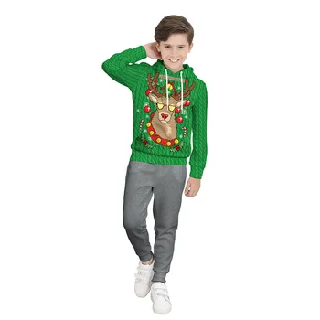 

Unisex Children kid 3D printing Santa elk Christmas Autumn Winter long sleeve green hoodie Sweatshirts Christmas party cosplay c