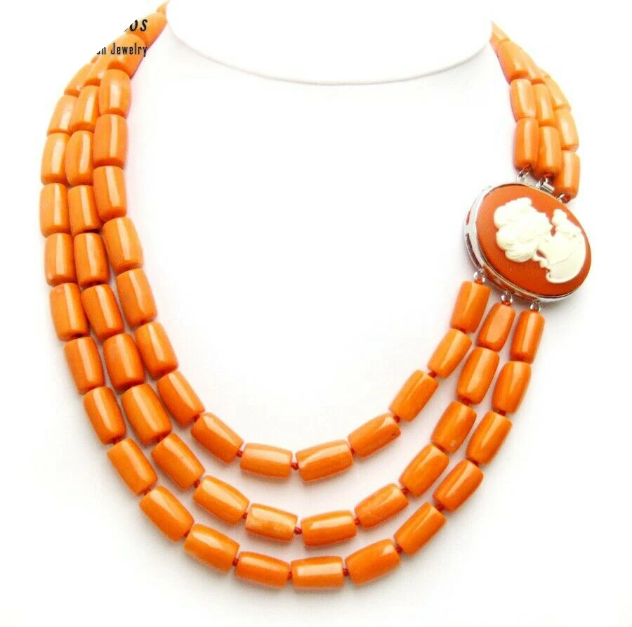 

Natural 10-11mm Thick Slice Red Coral Necklace for Women 3 Strand Chokers 18-20