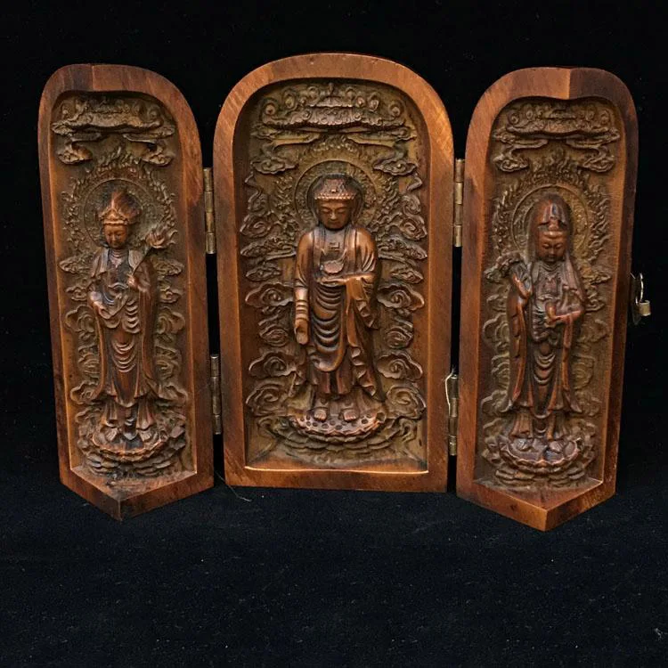 

wedding decoration Chinese Boxwood Wood Carved Guanyin, the three saints of the West buddha God Statue Box