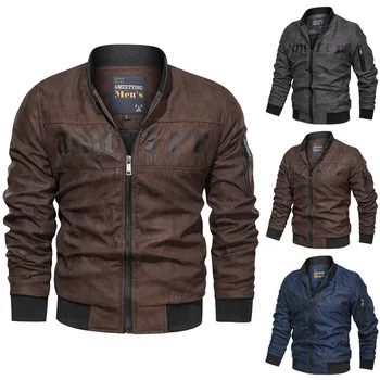 

Men's Autumn Winter Vintage Zipper Stand Collar Solid Imitation Leather Coatstranger things hoodies pokemon tactical