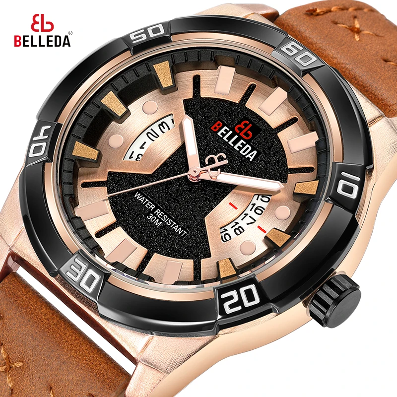 Leather Fashion Luxury BELLEDA Brand Rose Gold Mens Sports Analog Dual Display Black Quartz WristWatches Watch Men Watches | Наручные