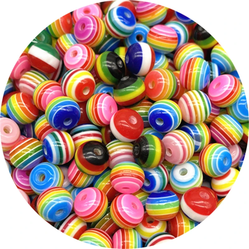 Resin Beads 8mm Round Rainbow Stripe Loose Spacer For Jewelry Making DIY 50pcs