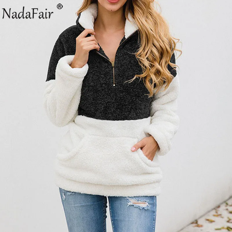  Nadafair Faux Fur Casual Oversized Hoodies Women Sweatshirt 2019 Autumn Patchwork Pockets Zip Plus 