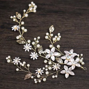 

Golden Leaf Flower Headband Pearl Rhinestone Hairband Bridal Tiaras Crowns Headpiece Hair Jewelry Women Wedding Accessories JL