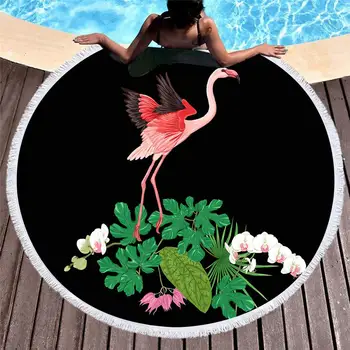 

Round Beach Towel with Tassel Pink Flamingo Palm Leaf Flower Microfiber Towel Travel Picnic Blanket Yoga Mat Tapestry style-7