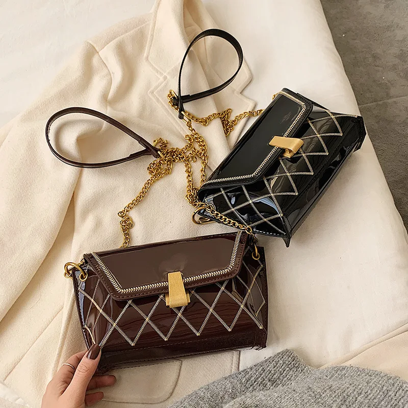 

2020 Spring New Style WOMEN'S Bag Bright Surface Car Suture Trapezoid Square Sling Bag Solid Color Versatile Bat Bag