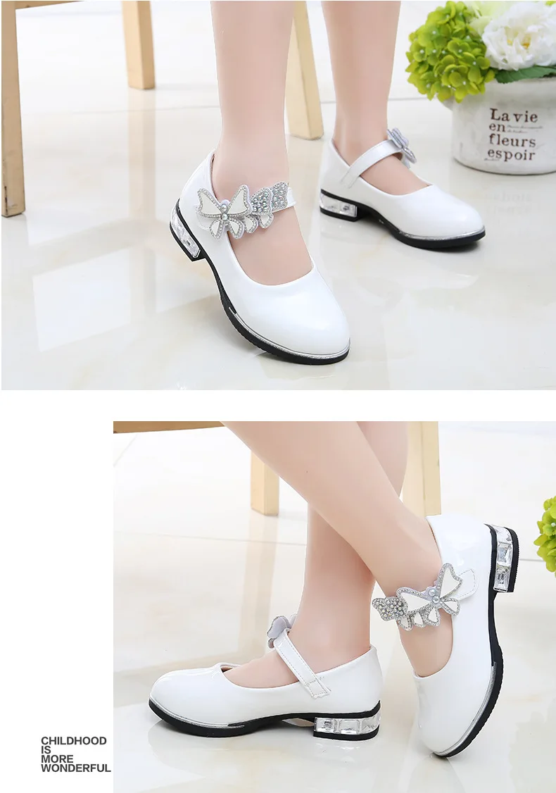 Girls Shoes White Wedding Shoes Bridal Princess Shoes Butterfly Mary Janes Kids Big Girl Low Heels Party Shoes 1-13y Lady shoes slippers for boy