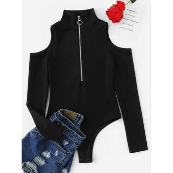 

Sexy Women Zipper High Turtleneck Bodysuit Leotard solid color Playsuit Long Sleeve Cold shoulder Bodysuit