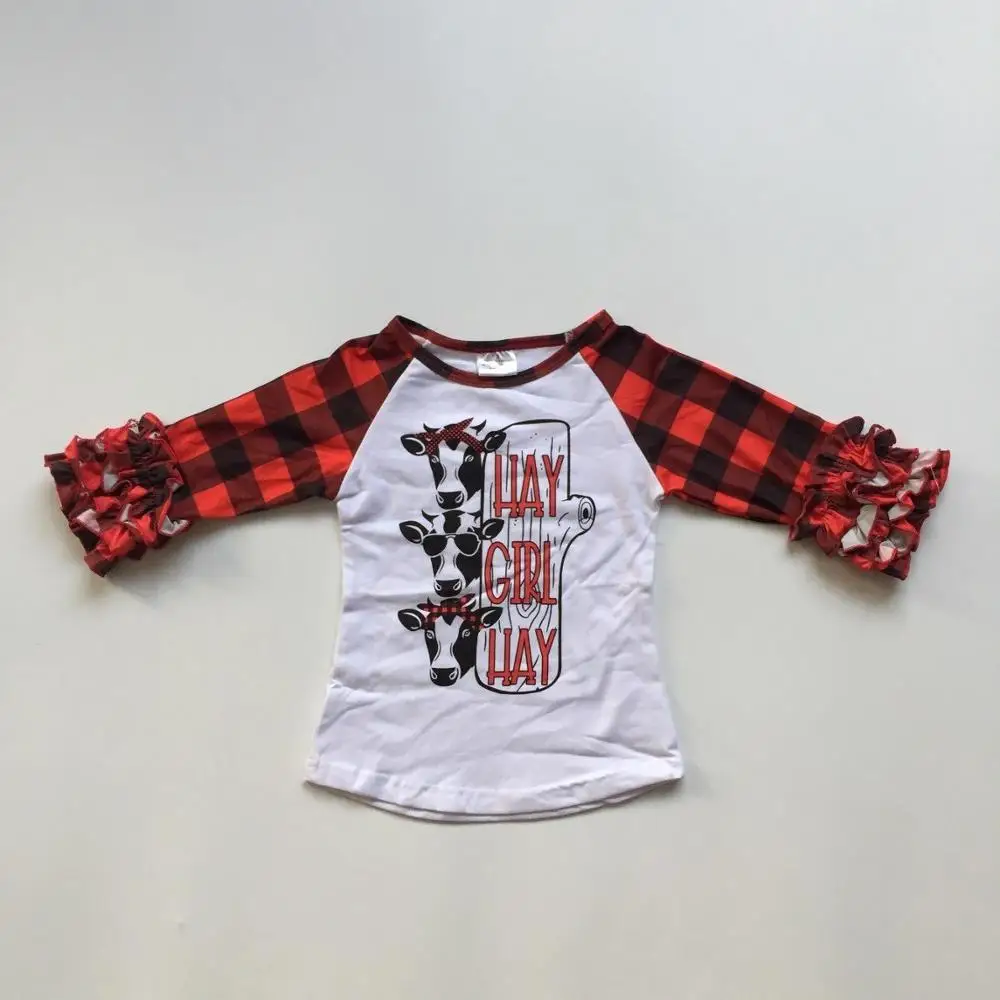 

winter/spring baby girls hey girl cow red black plaid cotton boutique top T-shirt ruffles raglans children clothes icing sleeve
