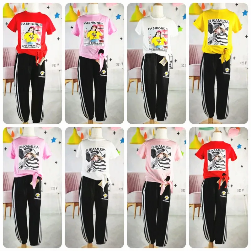 

kids tshirt for girls set high-quality cotton and linen fabric two-piece short-sleeved top + nine-point pants children's 9years