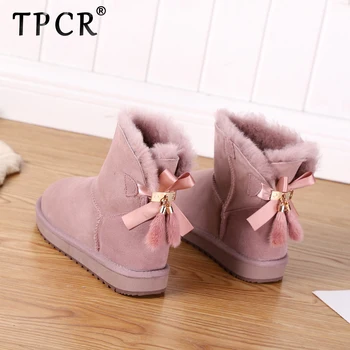 

TPCR Fashion new Sheepskin Leather Wool Fur Lined Women Short Ankle Winter Snow Boots with Bowknots Tassels dusk Warm girl Shoes