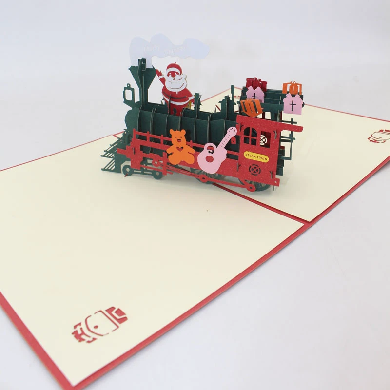  3D Handmade Cartoon Santa Present Train Locomotive Paper Invitation Greeting Cards PostCard Merry C - 4000336894674