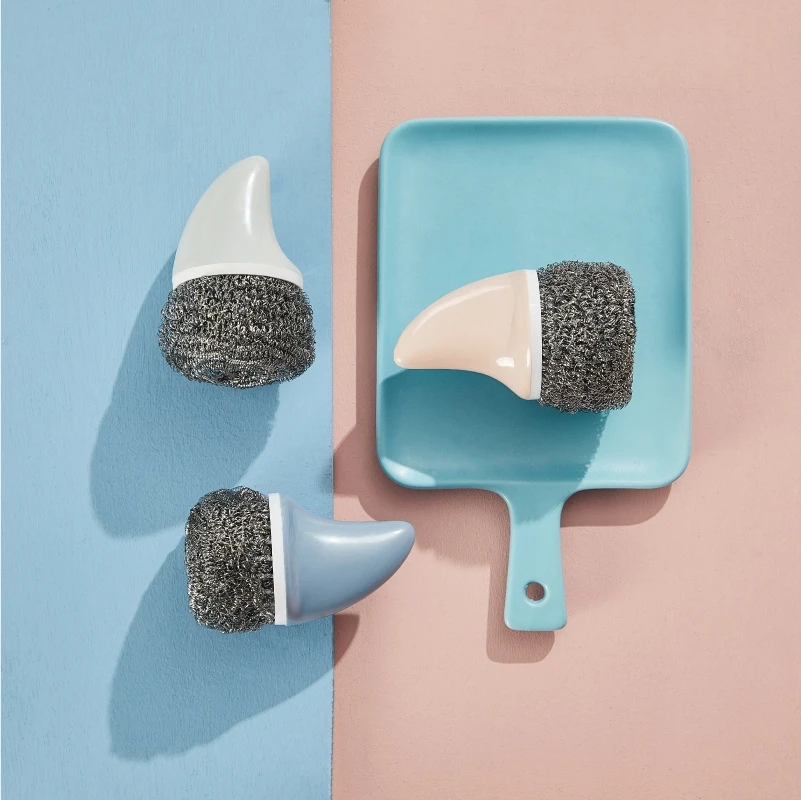 

Creative shark-shaped stainless steel wire ball cleaning brush with handle pot and dishwashing brush kitchen stain removal tool
