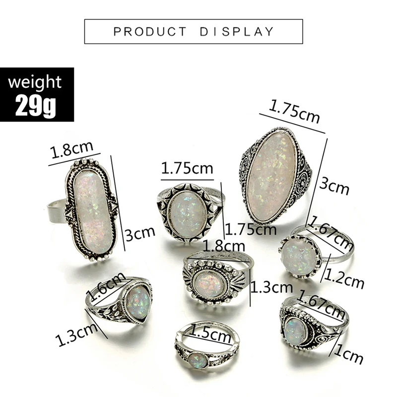 Tocona Vintage Antique Silver Color Rings Sets Colorful Opal Crystal Stone Carve for Women Men Bohemian Jewelry Anillos 6421 2