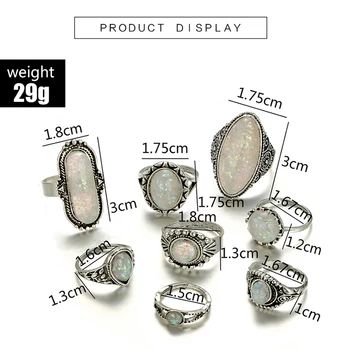 Tocona 8pcs/Set Vintage Antique Silver Color Rings Sets Colorful Opal Stone Carve for Women Men Bohemian Jewelry Anillos 6421