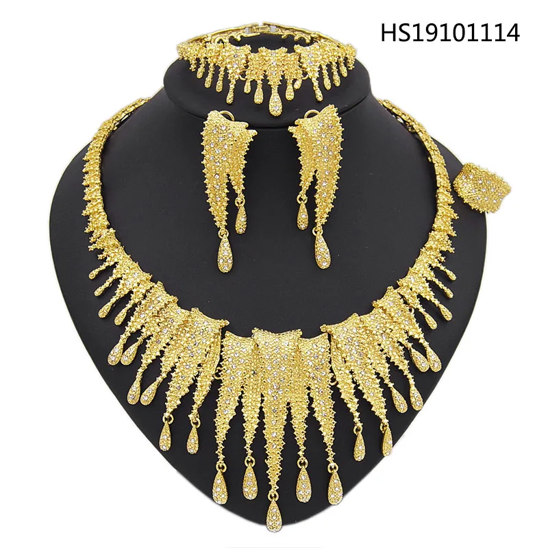 

Yulaili 2019 New Luxury Dubai Gold Zircon Wedding Jewelry Sets for Women Geometric Necklace Earrings Bracelet Ring Free Shipping
