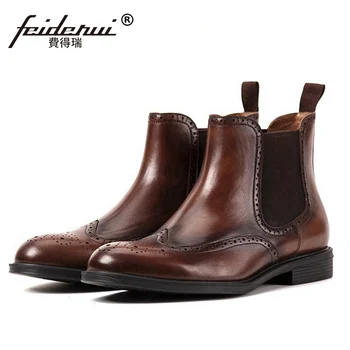 

Vintage Handmade Man Carved Chelsea Military Riding Shoes Genuine Leather Round Toe Men's Brogue High-Top Ankle Boots SS685