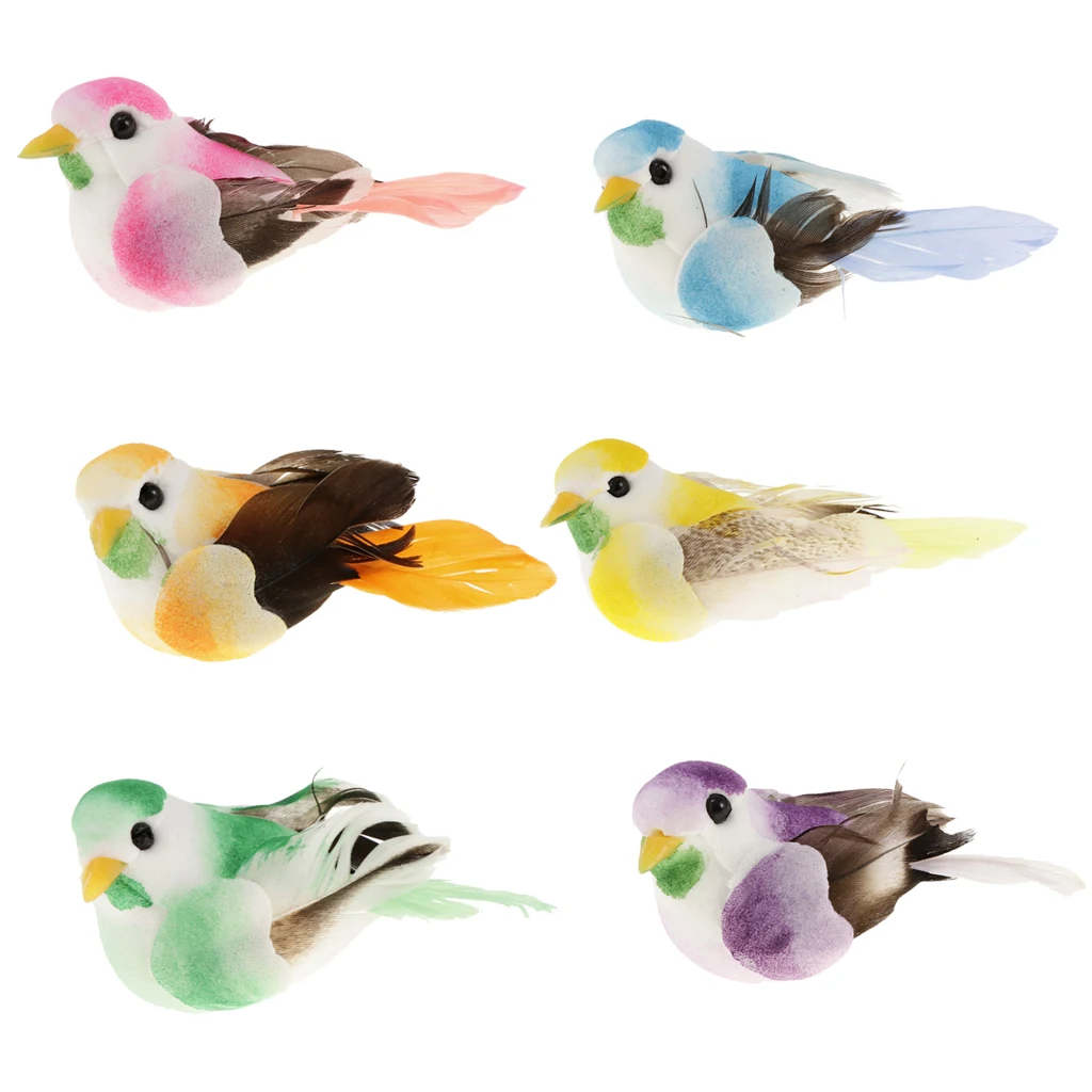 Artificial Feather Birds Set of 6 Christmas Tree Decorations Xmas Treetop Wall Art Decor Craft Kids Room Decor