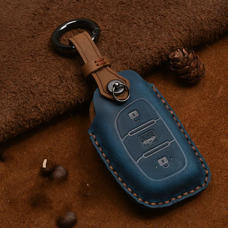 Leather Car Key Case Cover Protection Shell Skin For Hyundai iX20 I30 IX35 I40 Ix25 Tucson Verna Sonata Car Keyring
