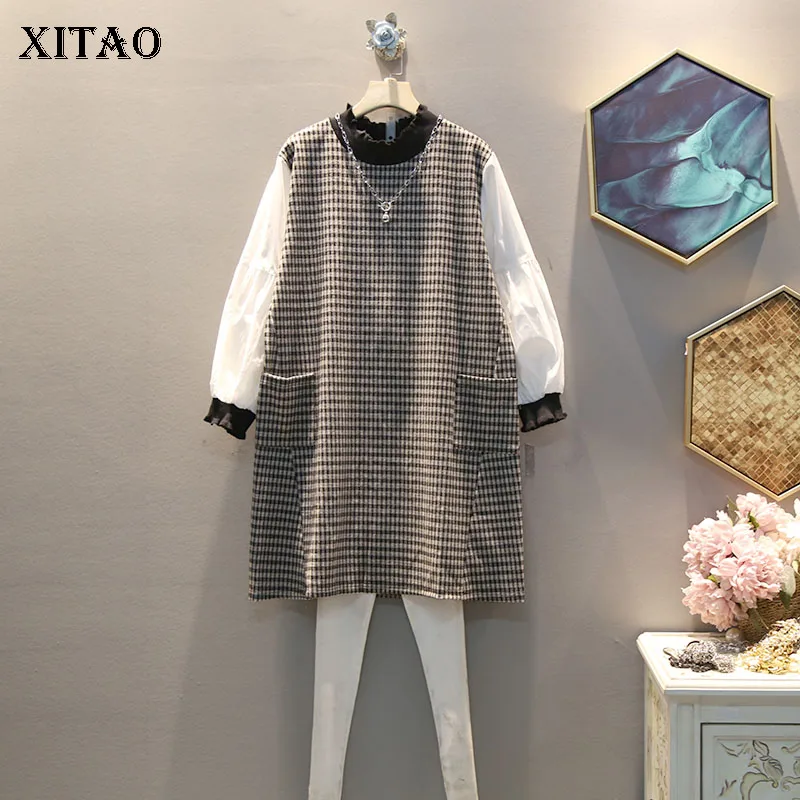 XITAO клетчатое кружевное женское платье модное из двух частей пуловер 2019