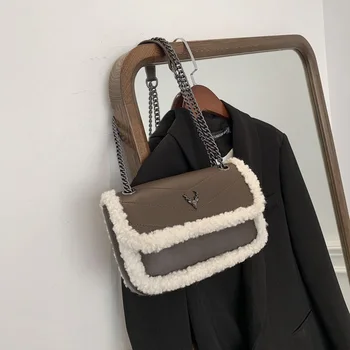 

Shoulder Bags for Women 2020 Deer Head Decoration Fashion Handbags Felt Ladies Bags Chain Solid Purses Crossbody Pu Leather Bags