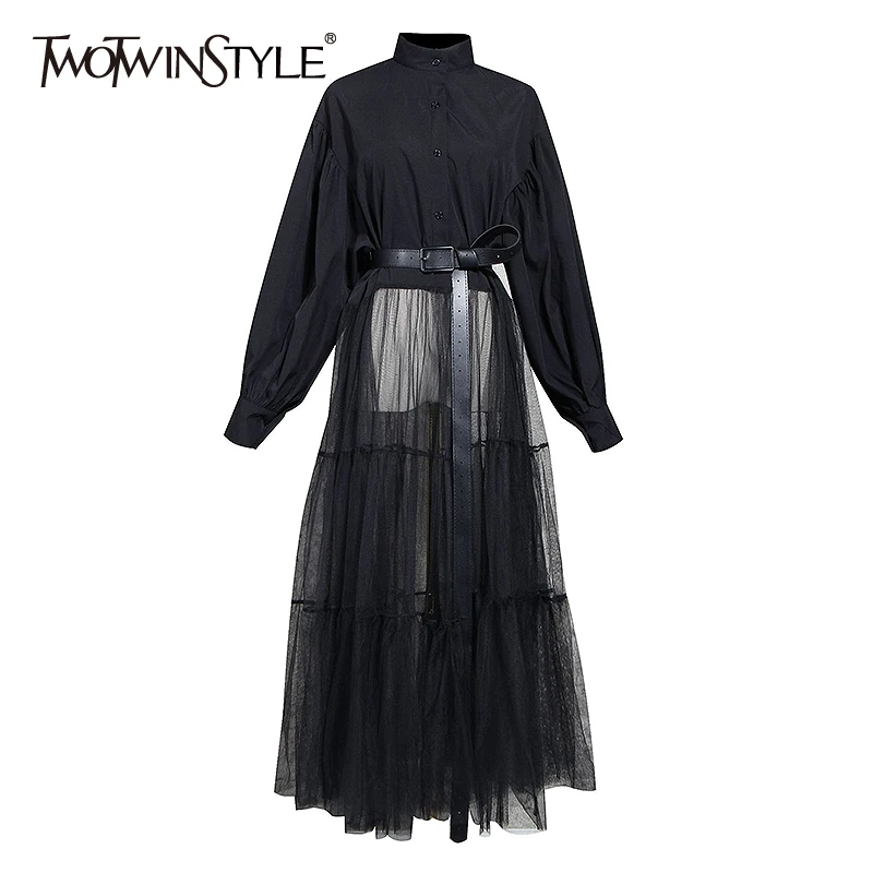 TWOTWINSTYLE Patchwork Mesh Women Dress Stand Collar Lantern Long Sleeve High Waist With Sashes Dresses Female Fashion Clothing TWOTWINSTYLE Patchwork Mesh Women Dress Stand Collar Lantern Long Sleeve High Waist With Sashes Dresses Female Fashion Clothing