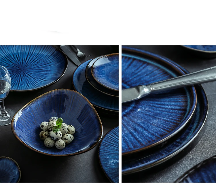 1 шт., KINGLANG, нордическая клиновая глазурь, голубой цвет, керамическая посуда, домашняя плоская тарелка, глубокое блюдо для стейка, обеденная тарелка для завтрака, большая миска