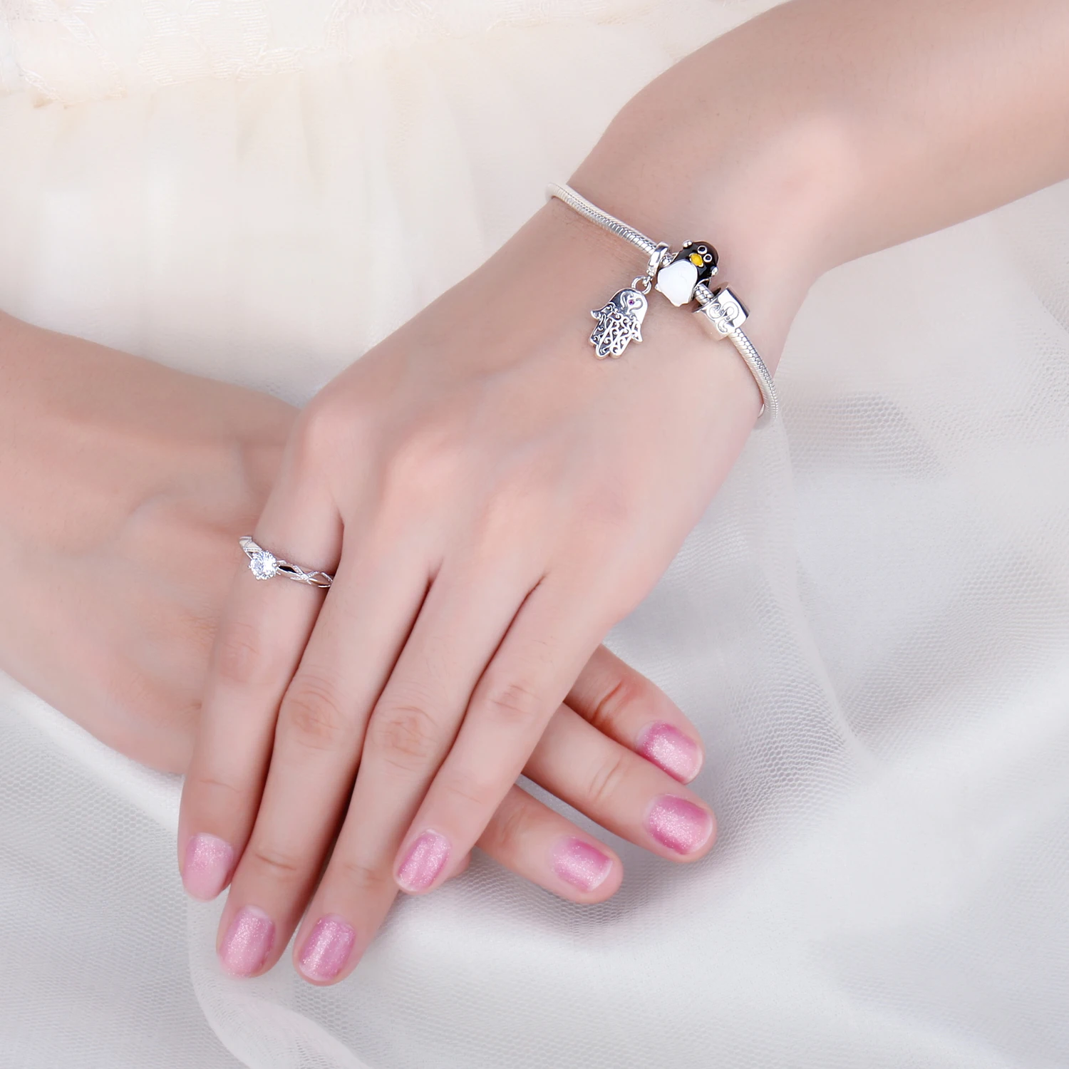 JewelryPalace розовый кубического циркония 925 пробы серебро Фатима рука Подвеска круглая Fit браслеты модные DIY бисера Шарм