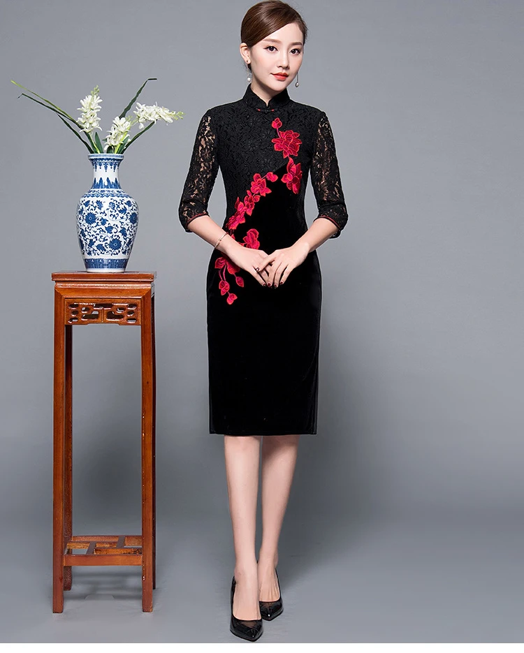 Китайский стиль, женская бархатная Qipao, улучшенная элегантная Цветочная вышивка, Cheongsam Vestidos, негабаритное вечернее платье