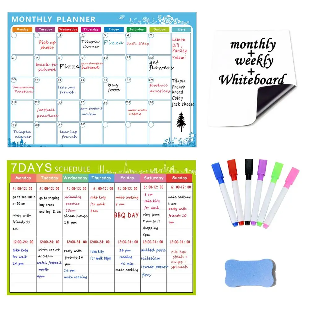 

10 IN 1 Magnetic Dry Erase Whiteboard. Set of 3 Refrigerator Magnet Calendars Monthly, Weekly Organizer & White Board Notepad