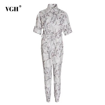 

VGH Casual Print Jumpsuits For Female Lapel Collar Short Sleeve High Waist With Sashes Sweet Style Women Jumpsuit Tide