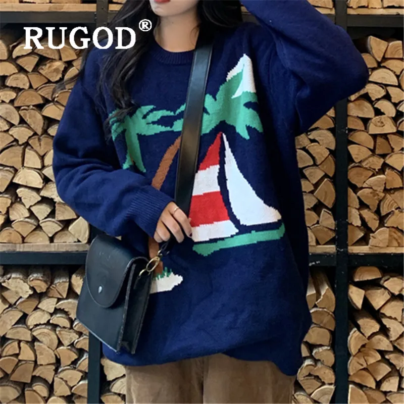 RUGOD, вязаный свитер с кокосовой пальмой, Свободный пуловер, джемпер, Зимние Топы для женщин, трикотаж, корейский стиль, женские свитера