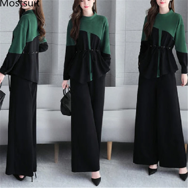 

2019 Autumn Elegant Two Piece Sets Outfits Women Plus Size Drawstring Tunics Tops And Wide Leg Pants Office Fashion Sets Green