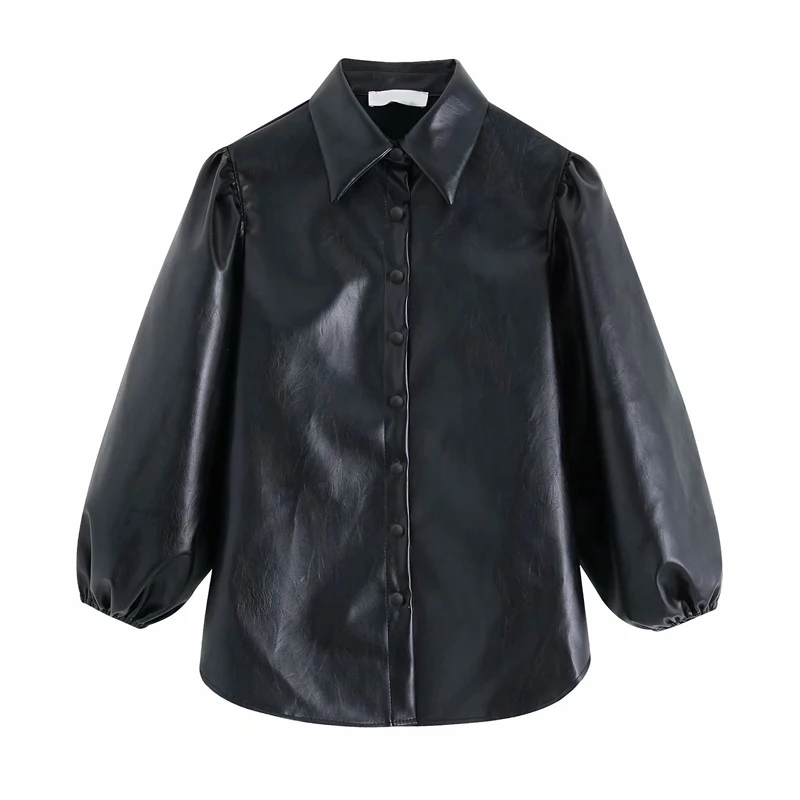 black Autumn New Puff sleeve Short Blouse Women Fashion Button Solid Faux Leather Shirts Ladies Casual Black Tops Female Blusas - Цвет: black