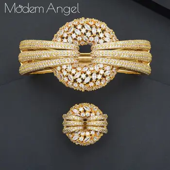 

ModemAngel Luxury Spring Jewelry Sets For Women Wedding Zircon Crystal CZ Qatar Bridal Bangle Ring Sets aretes de mujer modernos