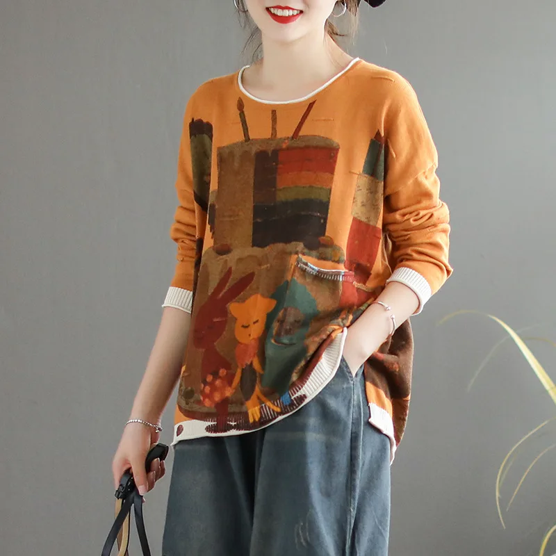 

Women Sweater Autumn Knitting Retro Pullovers 2019 New Ladies Tops O-Neck Long-sleeved Print Character Casual Loose Sweater
