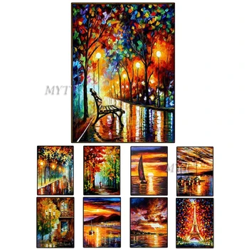 

Real Handpainted Modern Art Beautiful Night Scenery Palette Knife No Framed Oil Carving Knife Painting on Canvas Wall Decor