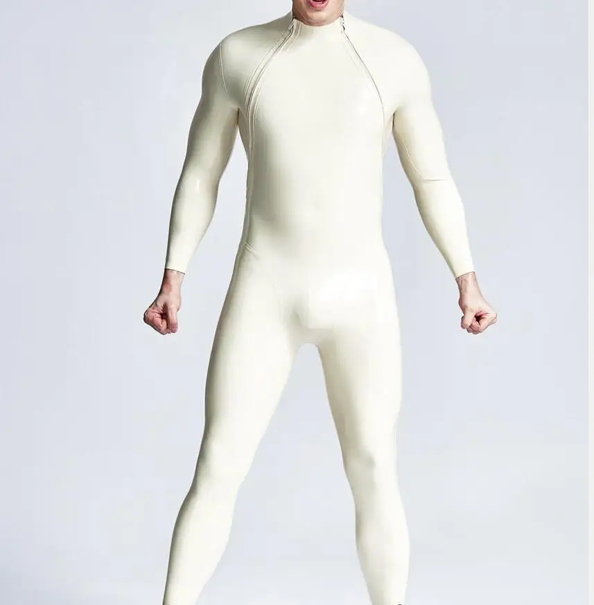 Natural Latex Male Shoulder-Zip Catsuit Double-Diagonal Zipper Rubber Bodysuits