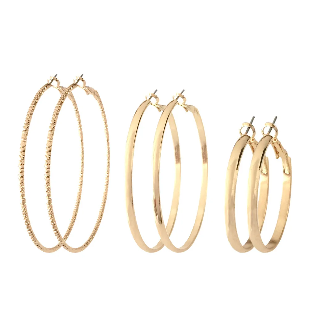 

Casual Gold Or Rhodium Color Cutting Surface Plain Hoop in different Size Triple Earrings Set For Women Girl Daily