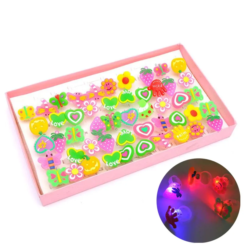 

50 Pcs/box Soft Glitter Flash Ring Cartoon Pattern Toy Children Glowing Toys Concert Party Props Finger Decoration Birthday Gift