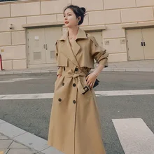 

Loose Coat Lady Outerwear Fashion New Spring Autumn Long Women Trench Coat Double Breasted Belted Storm Flaps Khaki Dress