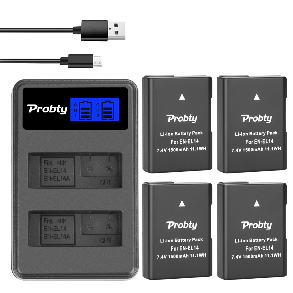 Probty 7.4V 1500Mah En-El14 En El14 En-El14A Batteria + Caricatore Doppio Lcd Per Nikon P7800,P7100,D3400,D5500,D5300,D5200,D3200
