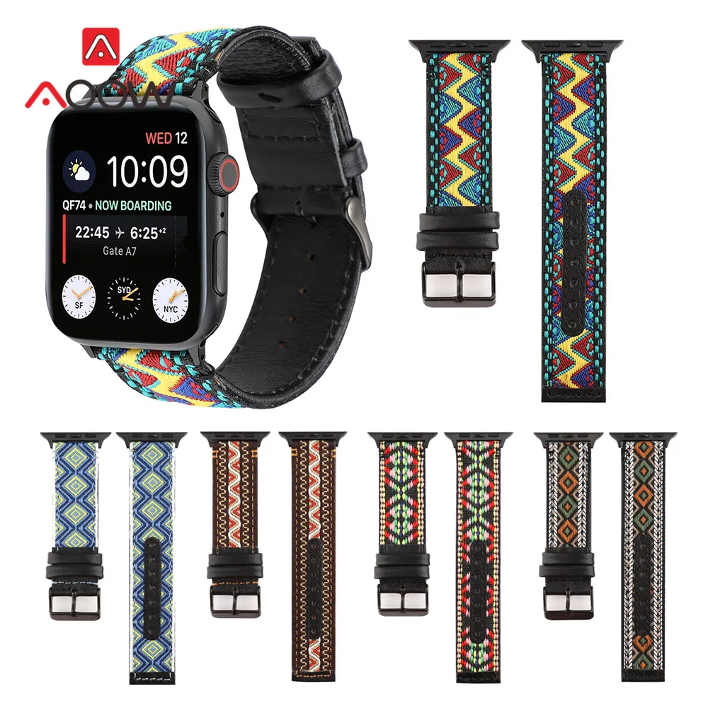 

Bohemia Style Nylon Genuine Leather Watchband for Apple Watch 4 5 38mm 42mm 40mm 44mm Retro Bracelet Band Strap for iWatch 1 2 3