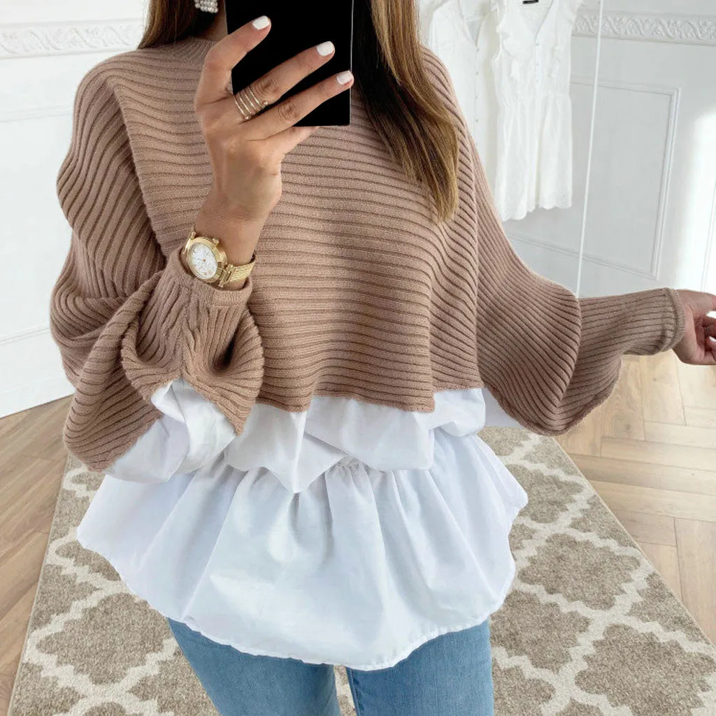Winter Ruffled knitted Jumper Women Sweater Patchwork Loose Shirt Casual Streetwear Fashion Female Long Sleeve O-neck Pullover | Женская